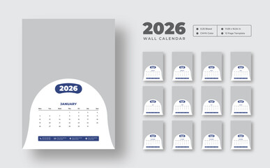 2026 monthly wall calendar design  | Week starts on Monday | Editable 12-page vector template | Clean wall planner for home or office
