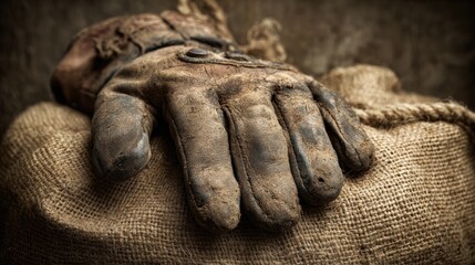 Worn leather work glove resting on burlap surface with soft lighting