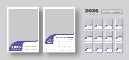 2026 wall calendar template with 12 monthly pages and planner  | Week starts on Monday | Minimal layout for corporate, office, business or professional use