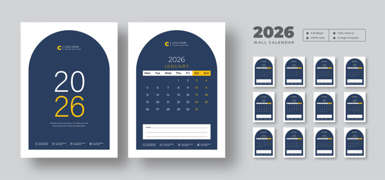 2026 wall calendar template | Week starts on Monday | Monthly planner in 12-page vector format | Printable wall design with clean editable layout