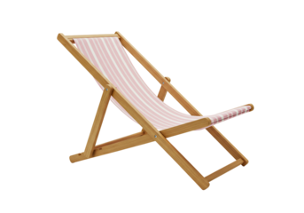 Deck chair with pink and white striped fabric against a transparent background