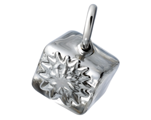 Shiny silver cube with starburst detail and loop isolated on a transparent background