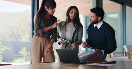 Creative, people and meeting with laptop in office for discussion, team planning and review article. Staff, talking and document with pc for research, reading manuscript and feedback for publication - Powered by Adobe
