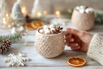 Warm Cocoa Topped With Marshmallows and Spices in a Cozy Setting