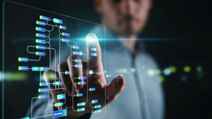 Modern data visualization shows man interacting with digital interface using technology, modern data visualization for innovation. Modern data visualization enhances business intelligence, - Powered by Adobe