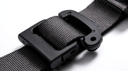 Close up of durable black plastic buckle on strapped material for versatile use