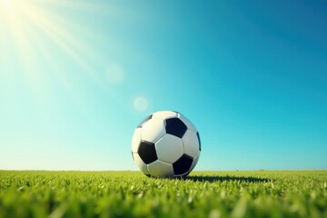 A vibrant soccer ball rests on a lush green field under a brilliant sunny sky, symbolizing the joy and energy of the beautiful game.