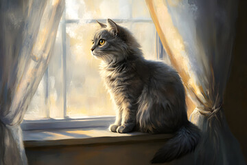 Elegance and Serenity: A Ct's Contemplative Morning y the Window
