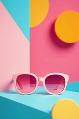 Pink Sunglasses on a Vibrant Geometric Background Featuring Pastel Hues and Circular Shapes
