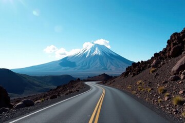 Asphalt ribbon curving towards a snow-capped peak under a vibrant sky, a journey into a majestic volcanic landscape