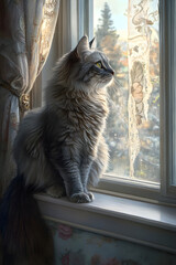 Elegance and Serenity: A Ct's Contemplative Morning y the Window