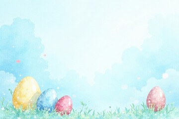Pastel Eggs Resting in a Spring Meadow Under a Soft Blue Sky