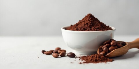 Aromatic cocoa powder in a bowl, accompanied by roasted coffee beans in a wooden scoop, rests on a pristine surface.
