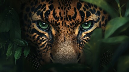Fierce jaguar&rsquo;s gaze through dense jungle foliage in focus