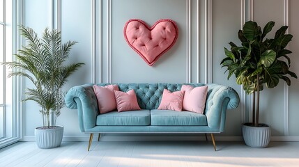 Cozy living room with blue couch and heart-shaped decoration