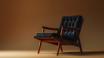 Elegant wooden armchair with dark fabric against neutral backdrop