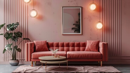 Bright red-orange armchairs around coffee table in library setting