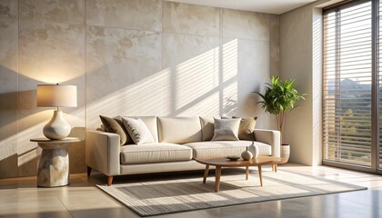 Fototapeta premium Minimalist Living Room Corner with Sunlight Through Slatted Blinds