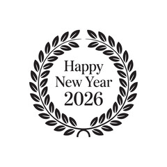 Happy New Year 2026 Typography Design with Laurel Leaf Wreath