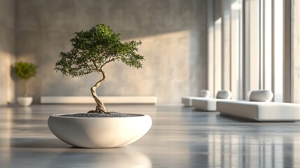 Bonsai trees in minimalist indoor space with natural lighting.
