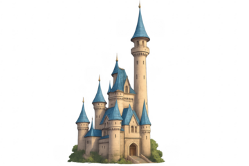 Fantasy castle with blue turrets and tall tower