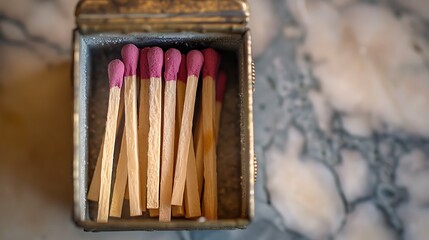 Close-up of matchsticks in a vintage tin container
