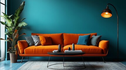 Modern living room with orange sofa and colorful cushions
