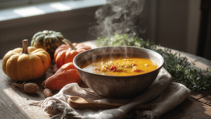 Warm pumpkin soup served with seasonal squash and fresh herbs on a wooden table
