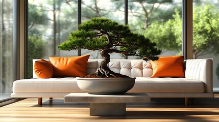 Bonsai tree placed in modern living room with orange pillows.