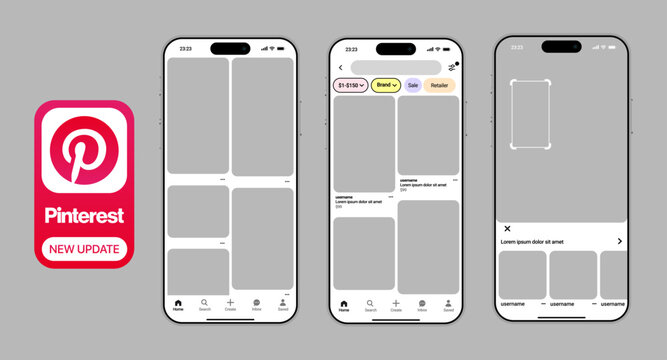 Pinterest app interface mockup design with pins boards profile search and save layout for creative social media presentation