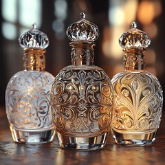Elegant crystal perfume bottles with intricate designs and luxury.