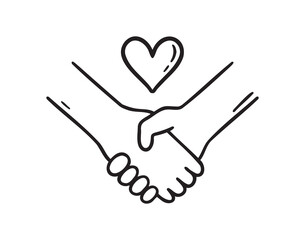 Hand drawn hands holding with heart simple line art greeting love unity support