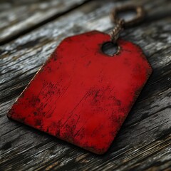 Red price tag with a vintage worn-out look on wood.