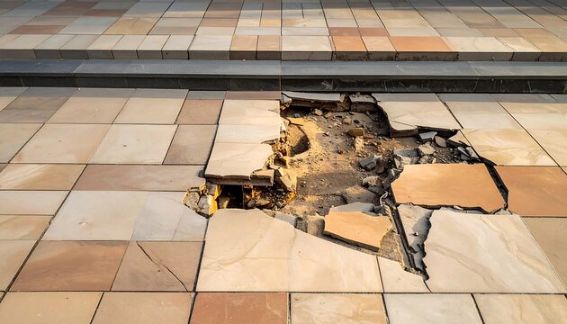 Damaged paving stones, large hole