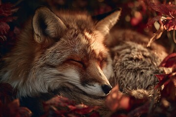 red fox sleeping amongst autumn leaves