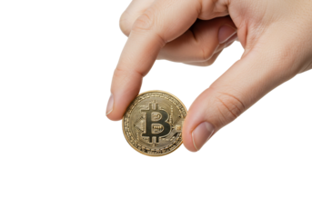 Hand holding gold cryptocurrency coin digital currency concept