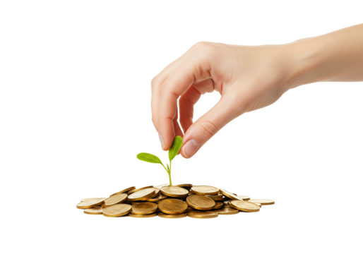 Hand planting seedling on coins - Powered by Adobe