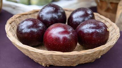 Obraz premium Fresh plums in a woven basket on a dark surface
