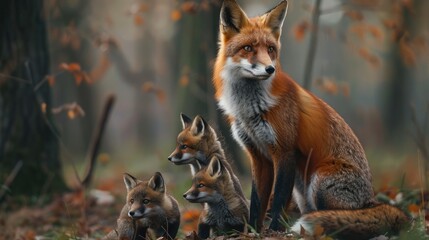 Obraz premium A family of chanterelles in the forest. A female fox and small foxes.
