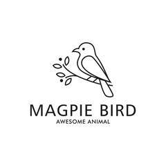 The Magpie bird logo is perched on a stalk and leaves, suitable for business, animal icon vector illustration