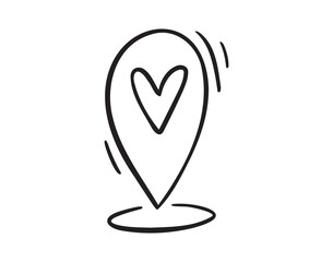 Geoposition or location pin heart. place on the map love icon doodle hand drawn. Outline line drawing clipart symbol