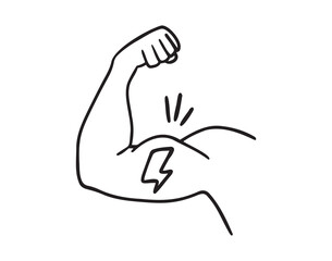 Strong muscle power concept with lightning icon doodle hand drawn. Outline line drawing clipart symbol