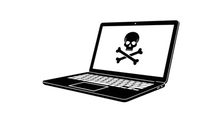 Laptop with skull and crossbones isolated on transparent background for virus warning
