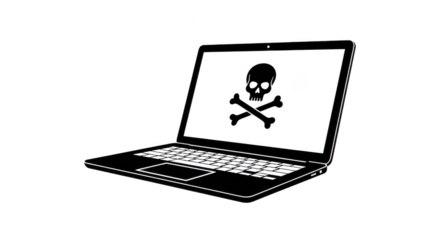 Laptop with skull and crossbones isolated on transparent background for virus warning