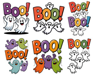 Happy-Halloween-Ghosts-Holding-Boo-Letter-Balloons-Vector-Illustration