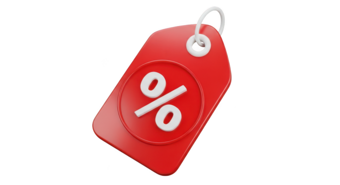 Red percentage tag isolated on transparent background for sale and discount