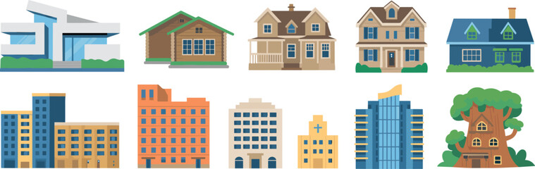 Set of 10 stylized building illustrations, modern and traditional house icons, cartoon architecture, residential and commercial real estate graphics © Gustave McClure