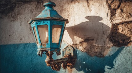 Antique, weathered, blue lantern is mounted on a textured wall, casting a prominent shadow against the rough surface in an outside setting, showcasing a blend of rustic charm and aged beauty.