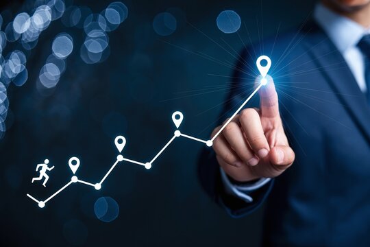 Businessman Touching a Digital Path: Line Graph with Running Man and Milestone Pins Symbolizing Career Progress, Strategy, and Business Goal Achievement