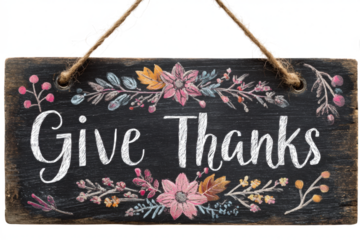 Rustic wooden sign with Give Thanks message floral decorations perfect for Thanksgiving or autumn-themed decor